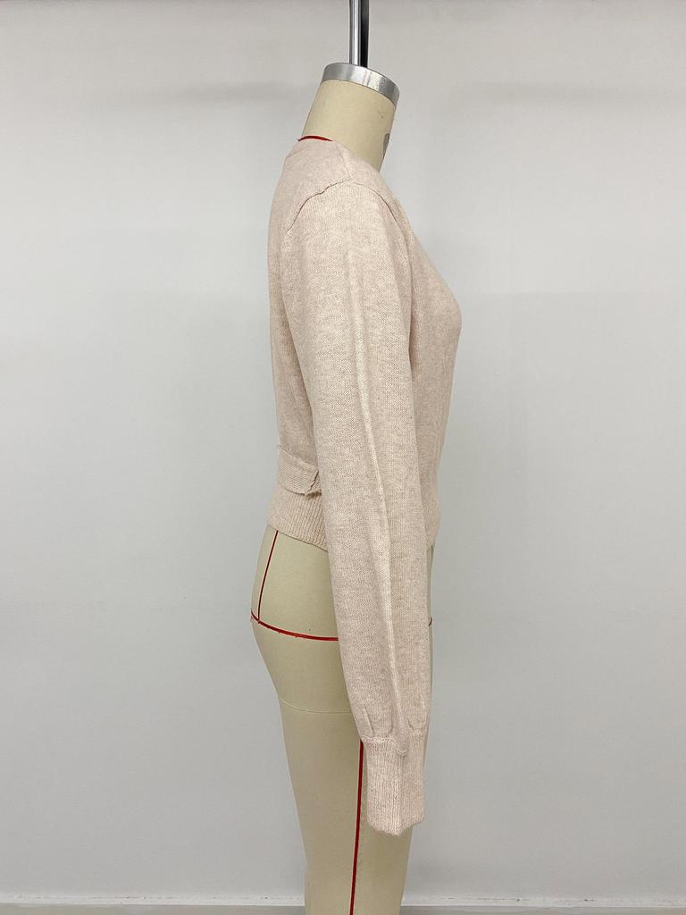 2026 A/W Knit Women's Irregular Short V-Neck Tie Waist Long Sleeve Sweater