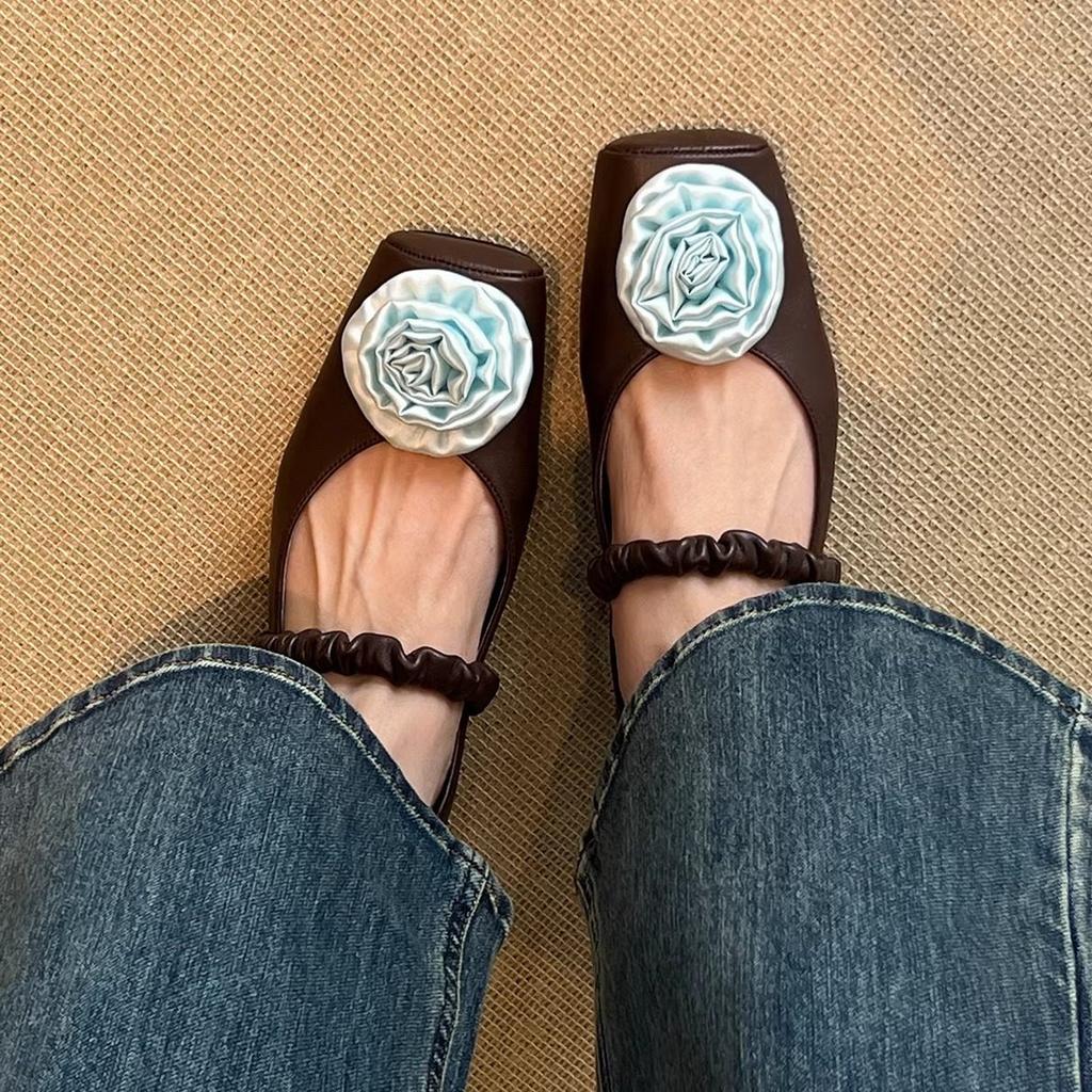 2026 New Spring Genuine Leather French Retro Flower Mary Jane Shoes Super Cute Flat Black Women's Shoes