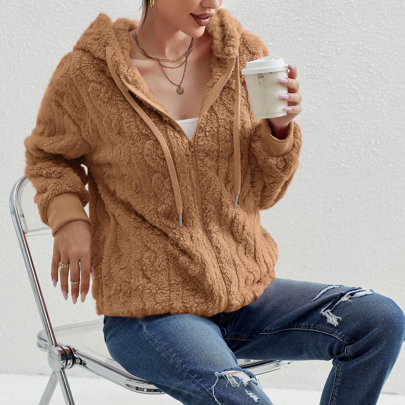 Женская мода с длинным рукавом сплошной цвет карман плюшевый кардиган с капюшоном — фото 5