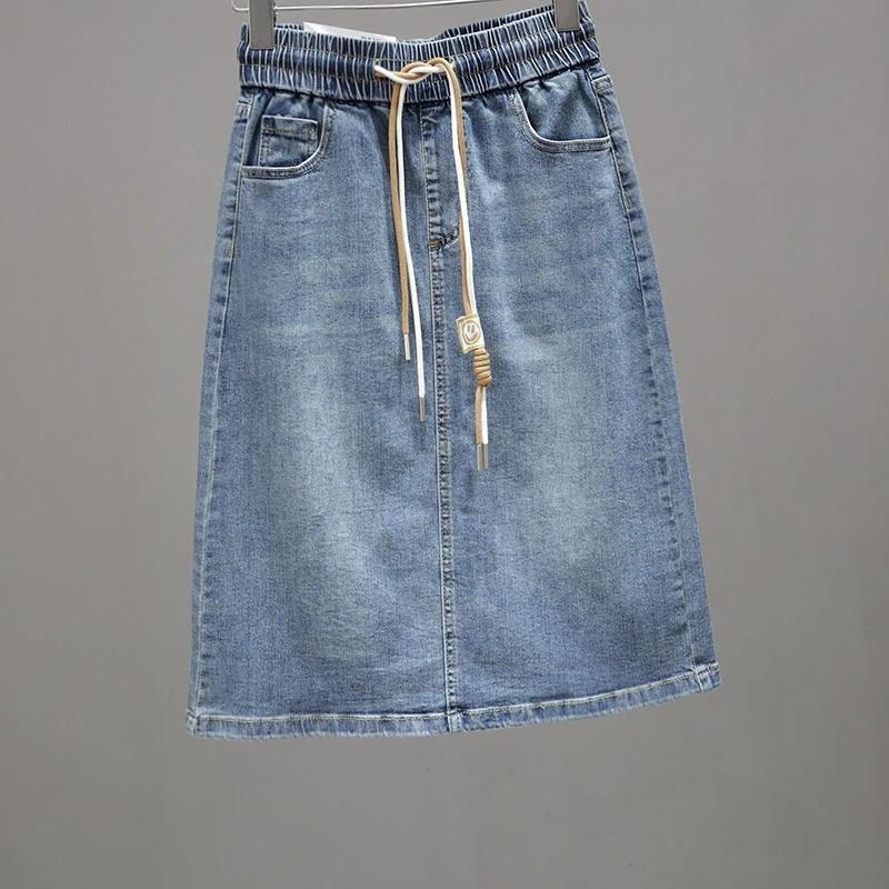 Women Lace Up Jeans Long Skirts Large Size Denim Maxi Skirt Spring Summer Femme in Half Body Cowboy A-line Skirt
