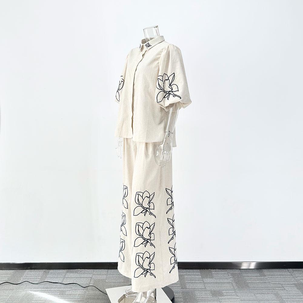 High-End Fashionable Cotton Linen Embroidery Wide-Leg Pants Suit for Women