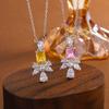 Exquisite Yellow-Pink Rectangular Gemstone Bow Water Drop Necklace Feminine Bridal Dress Accessory Pendant Party Birthday Gift