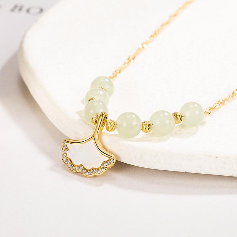 2022 Apricots Hetian Jade Shell Necklace - Ginkgo Leaf Pendant, Light Luxury for Girls' Birthdays