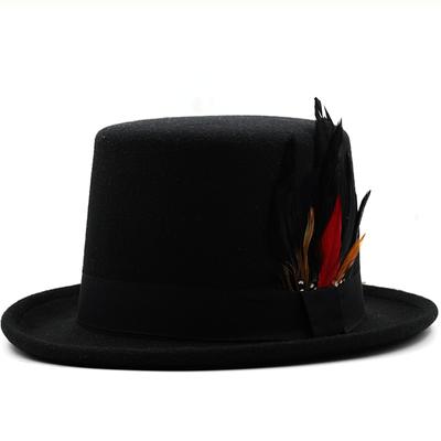 Pălărie de sus cu bandă cu pene, 13,5 cm, lână, femei, bărbați, pălărie Fedora, magician, alb, Steampunk, Cosplay Punk, șepci de petrecere, Dropshipping