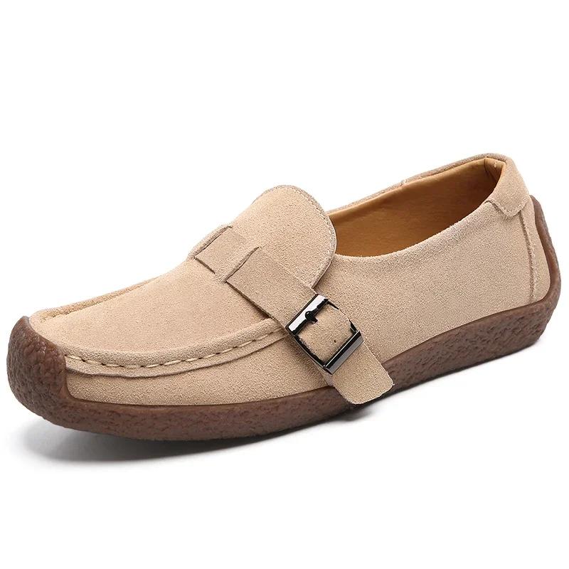 British Style Slip-On Comfortable Moccasins Ladies Non-Slip Mother Walking Shoes Spring Cow Suede Lightweight Casual Shoes Women
