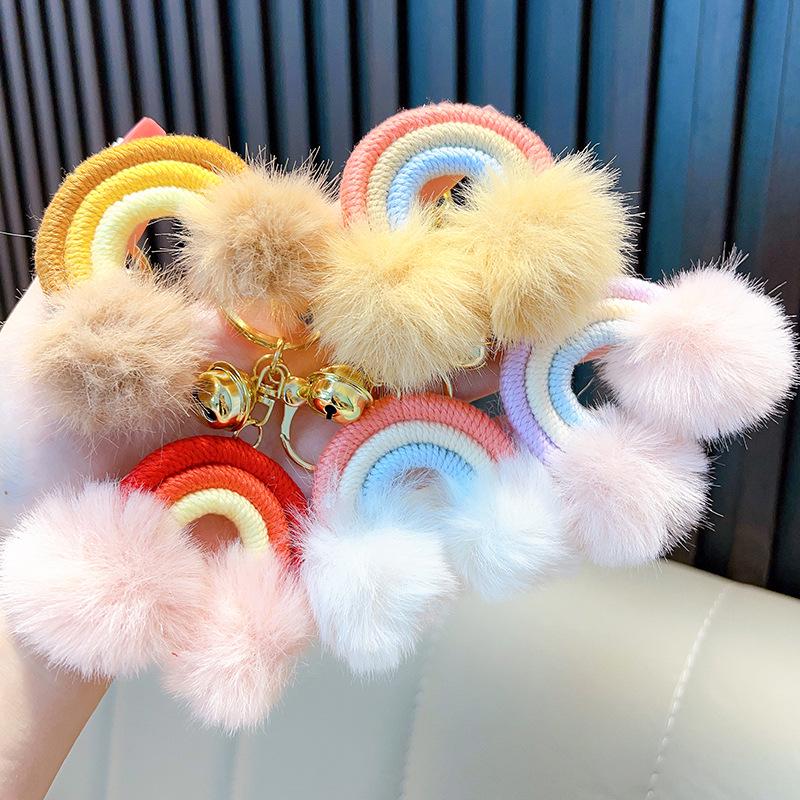 Boho Rainbow Cloud Keychain with Pom Poms & Tassels - Cute Bag Charm Accessory