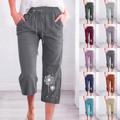Pants For Women Casual Summer Solid Color Elastic High Waist Cotton And Linen Loose  Pants Drawstring Pocket Mid Leg Pants