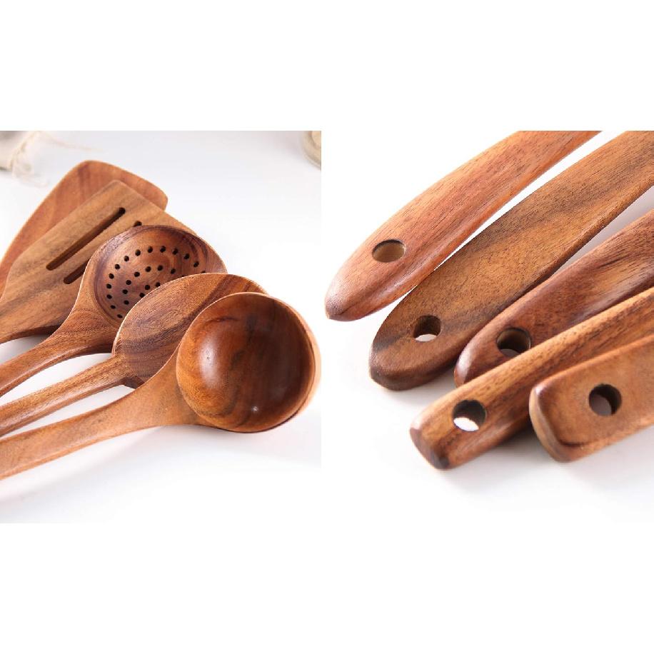 Wooden Spoons for Cooking, Tmkit Cooking Utensils Set of 6 Natural Teak Wooden Cooking Spatulas with Utensils Holder Comfort Grip Wooden Kitchen