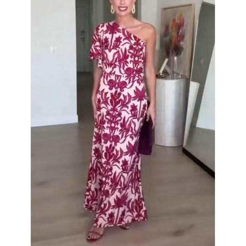 Womens Sexy Off-Shoulder Printed Maxi Dress High Waist Short Sleeve 2025 Small
