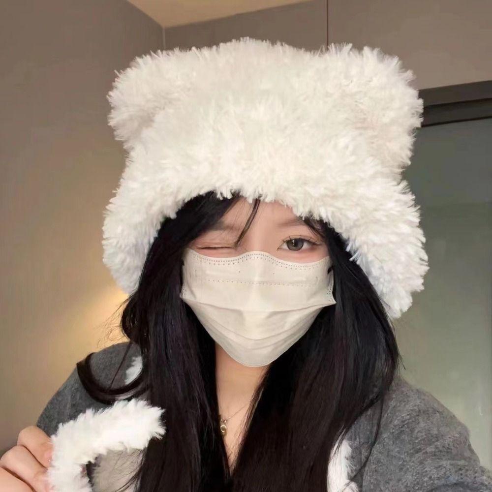 Lamb Fleece Bear Ears Skull Cap Earmuffs Ear Protection Beanie Hat Woolen Plush Hat Female/Girls