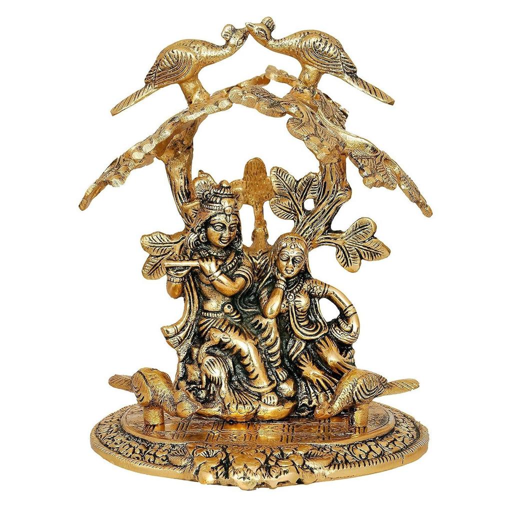 Metal Radha Krishna Idol Showpiece Figurine, Height 19 cm, Gold Antique Finish