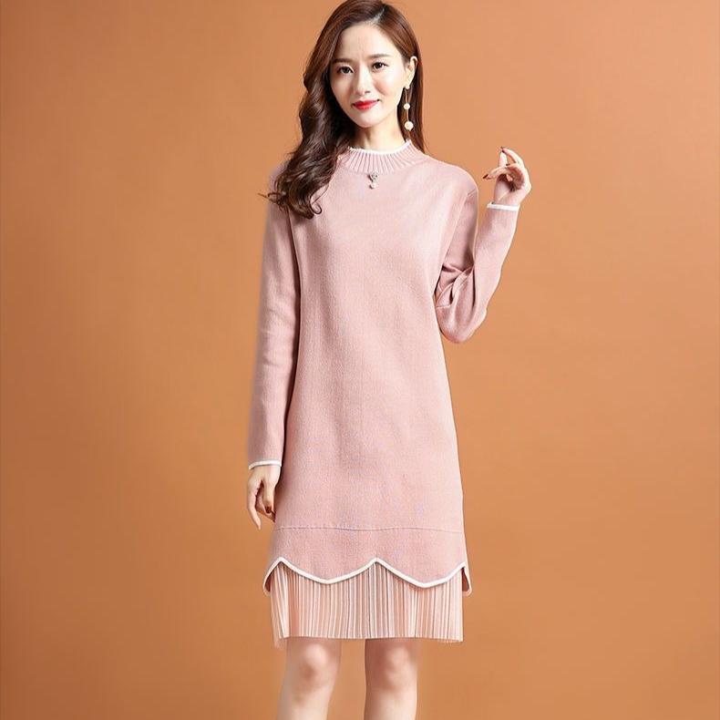 

Женское трикотажное платье средней длины на осень и зиму однотонное свободное платье-свитер 2XL розовый