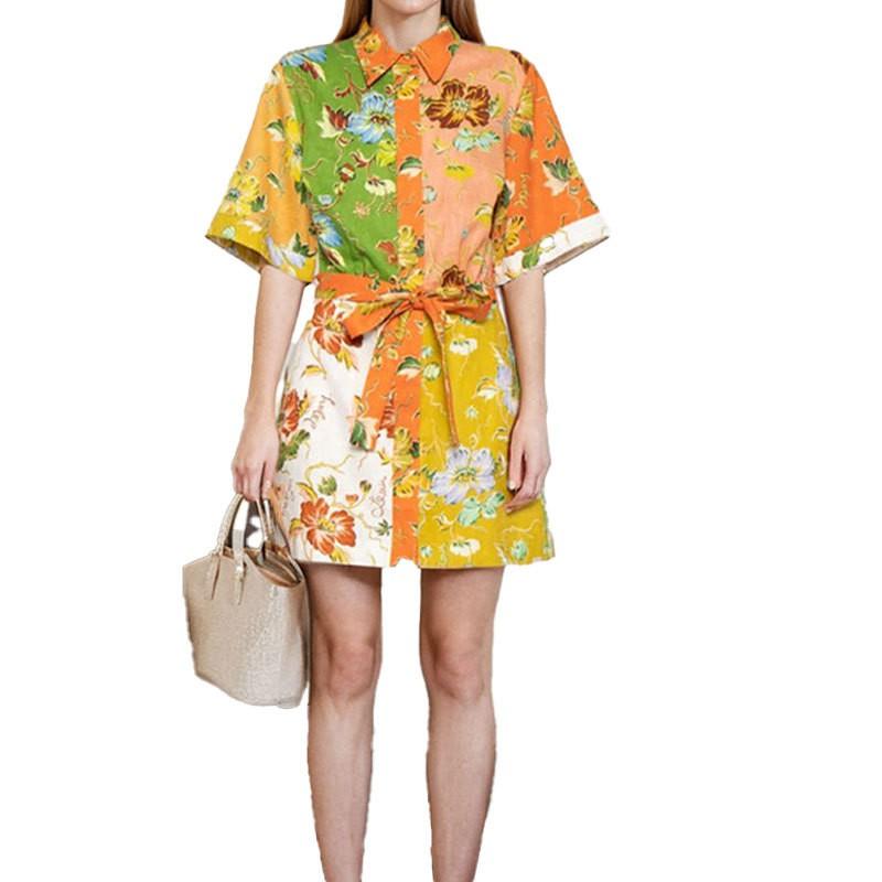 2026 Womens Printed Wrap Tie Neck A-Line Mini Dress High Waist Short Sleeve Elegant Office Casual