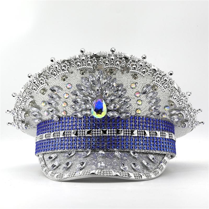 Jeweled Crystal Captain Hat Bride Hat Sailors Hat for Bachelorette Party Headwear Headgear for Club Stage