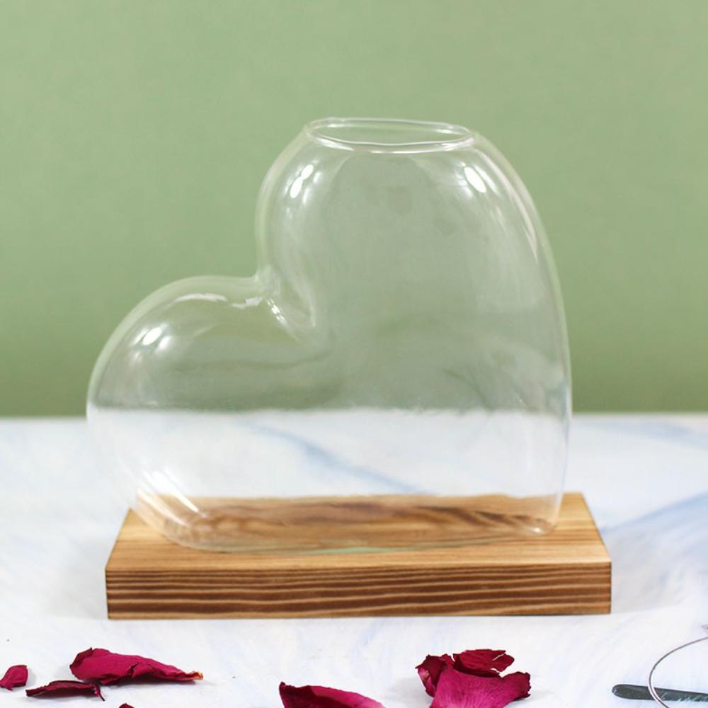 

Colorful Love Shaped Glass Vase with Wooden Hydroponic Flower Plants Vase Desktop Ornament Living Room Office Decoration