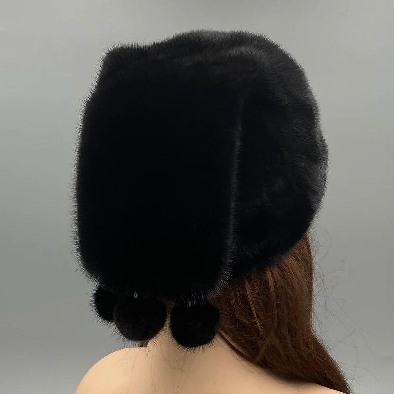 Chapéu de pele de vison natural para mulheres, chapéus quentes de inverno com bolas, chapéu preto luxuoso de natal, cabeça ajustável, tamanho 55-62cm