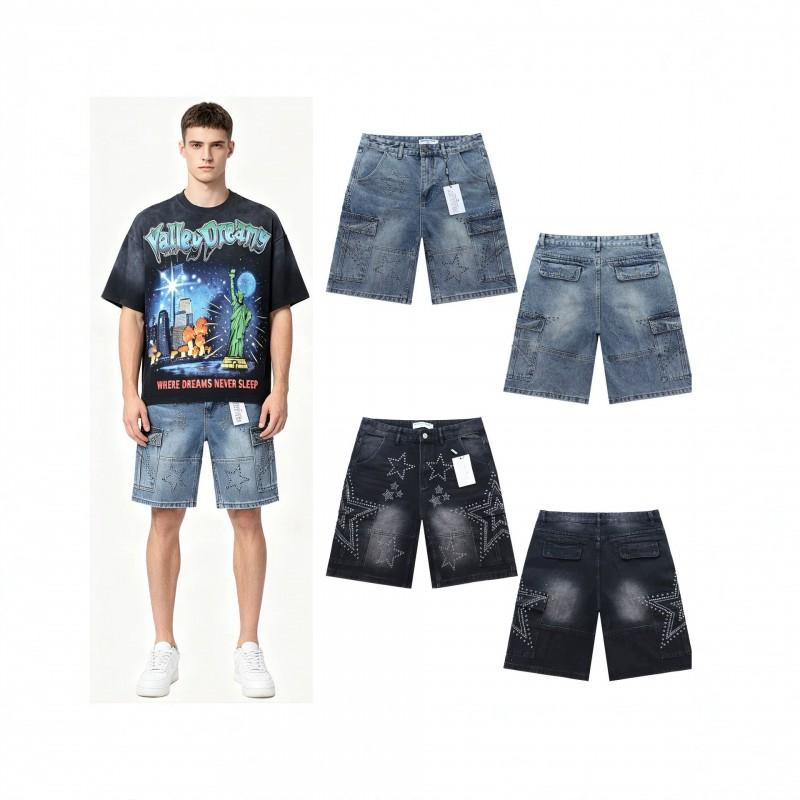 Mens Distressed Denim Shorts With Star Rhinestone Embellishment Utility Pocket Design Slim Fit Cotton Short Pants Streetwear