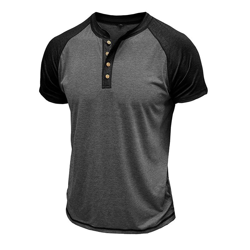 Men's Summer Short Sleeve T-Shirt Fashion Patchwork Henry Collar Button Casual Tees Tops