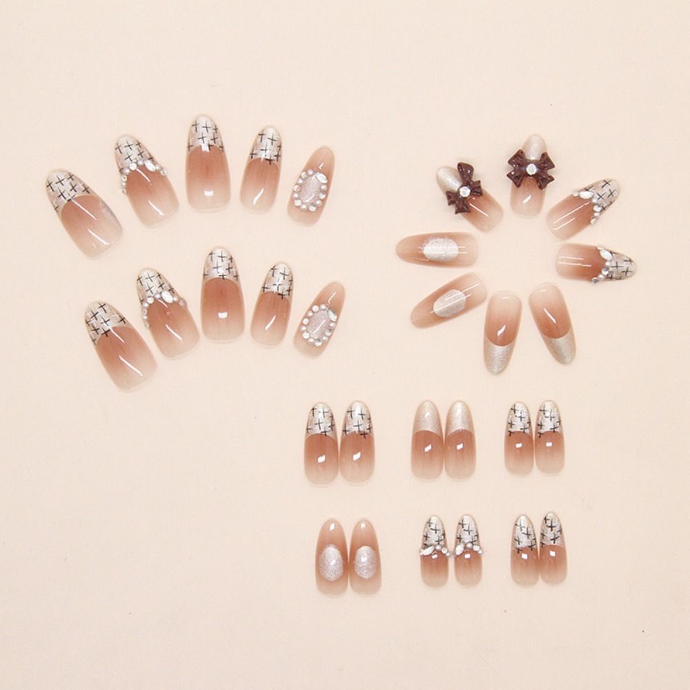 30pcs Long Almond Stiletto False Nails French Sparkling Rhinestone Press On Nails Purple Love Heart Detachable French Nail Tips