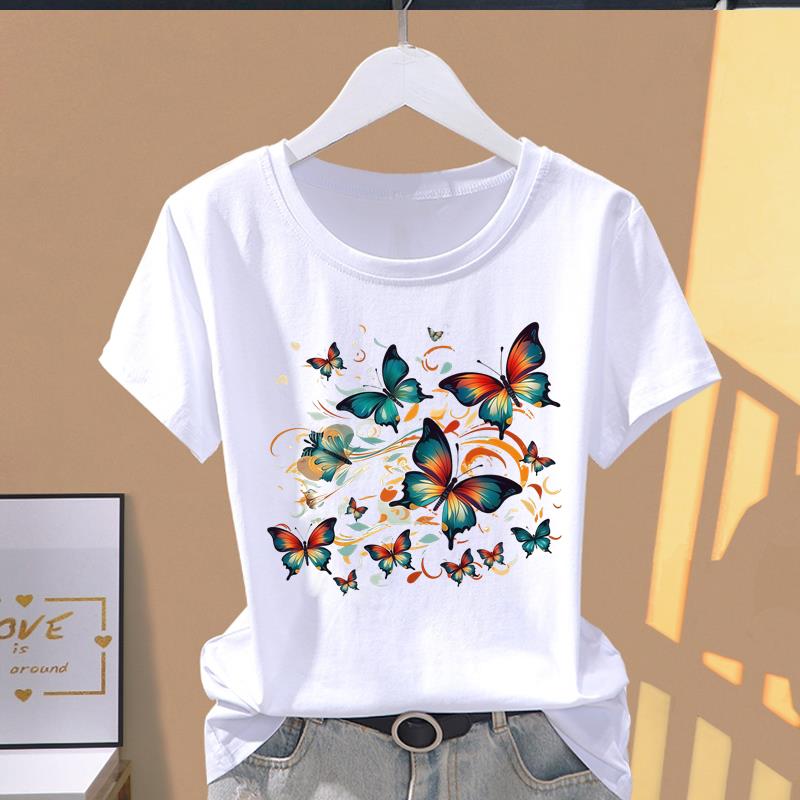 (Asian Size) Short Sleeve T-shirts Women's Top T Clothing Print butterfly style 90s Fashion Female Casual O-neck Graphic Tee