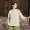Spring/Summer 2025 Women's Retro Linen Shirt with Stand Collar, Side Placket, Color Block, Sand Wash, Frog Button, and Long Sleeves.