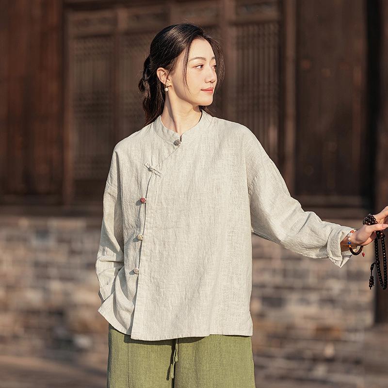 Spring/Summer 2025 Women's Retro Linen Shirt with Stand Collar, Side Placket, Color Block, Sand Wash, Frog Button, and Long Sleeves.