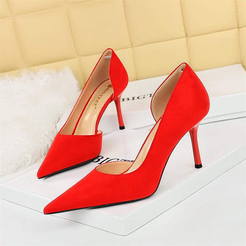 Office Women Suede Pumps Side Hollow High Heel Shoes New Wedding Party Red Green Shallow Mouth Pointed Toe Stiletto