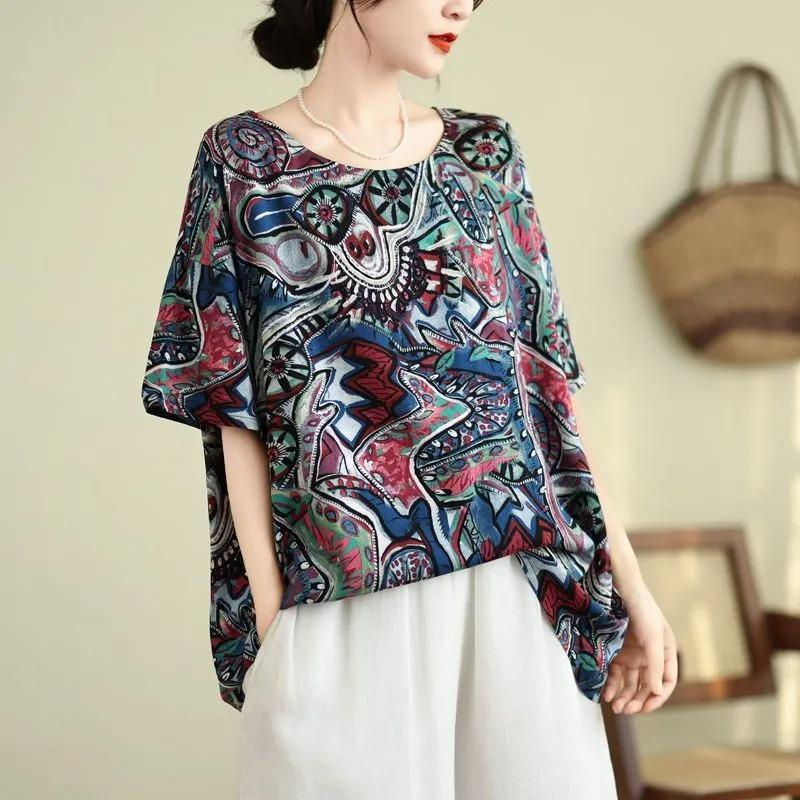 Summer Loose Women's Printed Round Neck Top Short Sleeve Ethnic Style