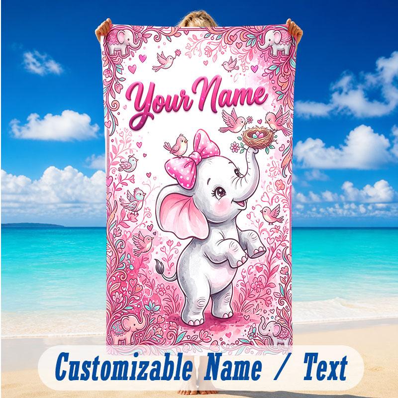 Elephant Theme Beach Towel Personalized Custom Name & Text Soft Quick Dry Beach Towel for Swimming Travel