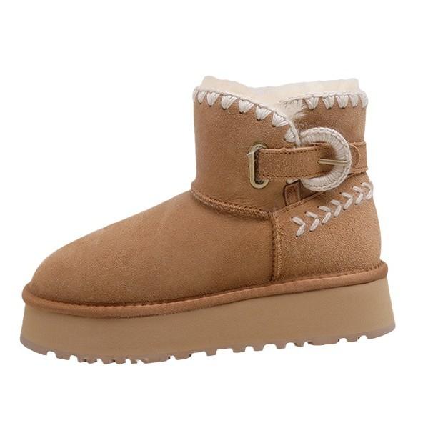 Muffin thick-soled cowhide integrated hook-up snow boots women's short wool short boots thickened warm and heightened cotton shoes