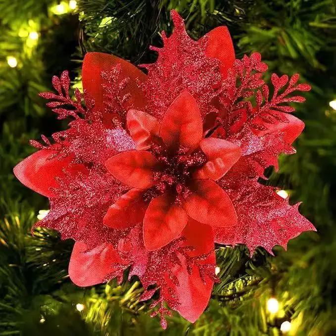 Glitter Artifical Christmas Flowers Mreey Christmas Tree Decoration Happy New Year Ornaments Xmas Fake Flowers For New Year