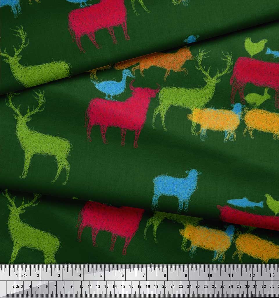 Soimoi Japan Crepe Satin Fabric Birds & Animals Hand Drawn Print Fabric by Metre 42 Inch