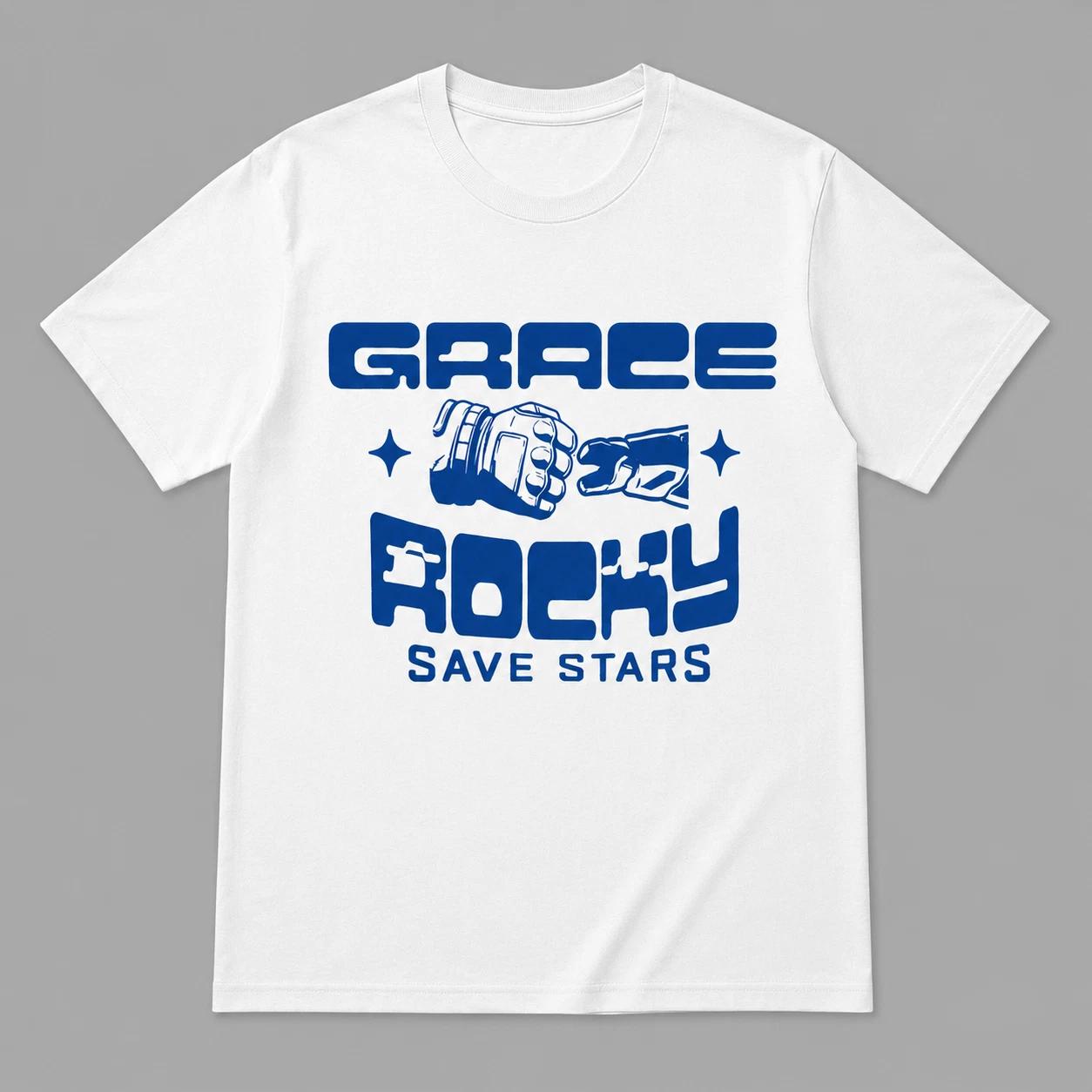 Sci-Fi Book Lovers T-Shirt Grace and Rocky Fist Bump Graphic Tee Space White S