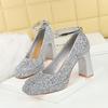 Women's Shoes with Thick Heels, High Heels, Waterproof Platform, Shallow Mouth, Square Toe, Sequins, Straight Strap, Single Shoe