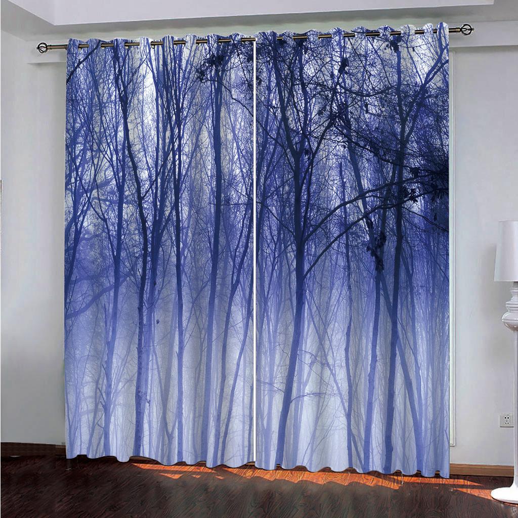 VividHome Blaue Vorhänge mit Vollmond-Waldszene, 3D-Digitaldruck, für Wohnzimmer, Schlafzimmer, Heimdekoration