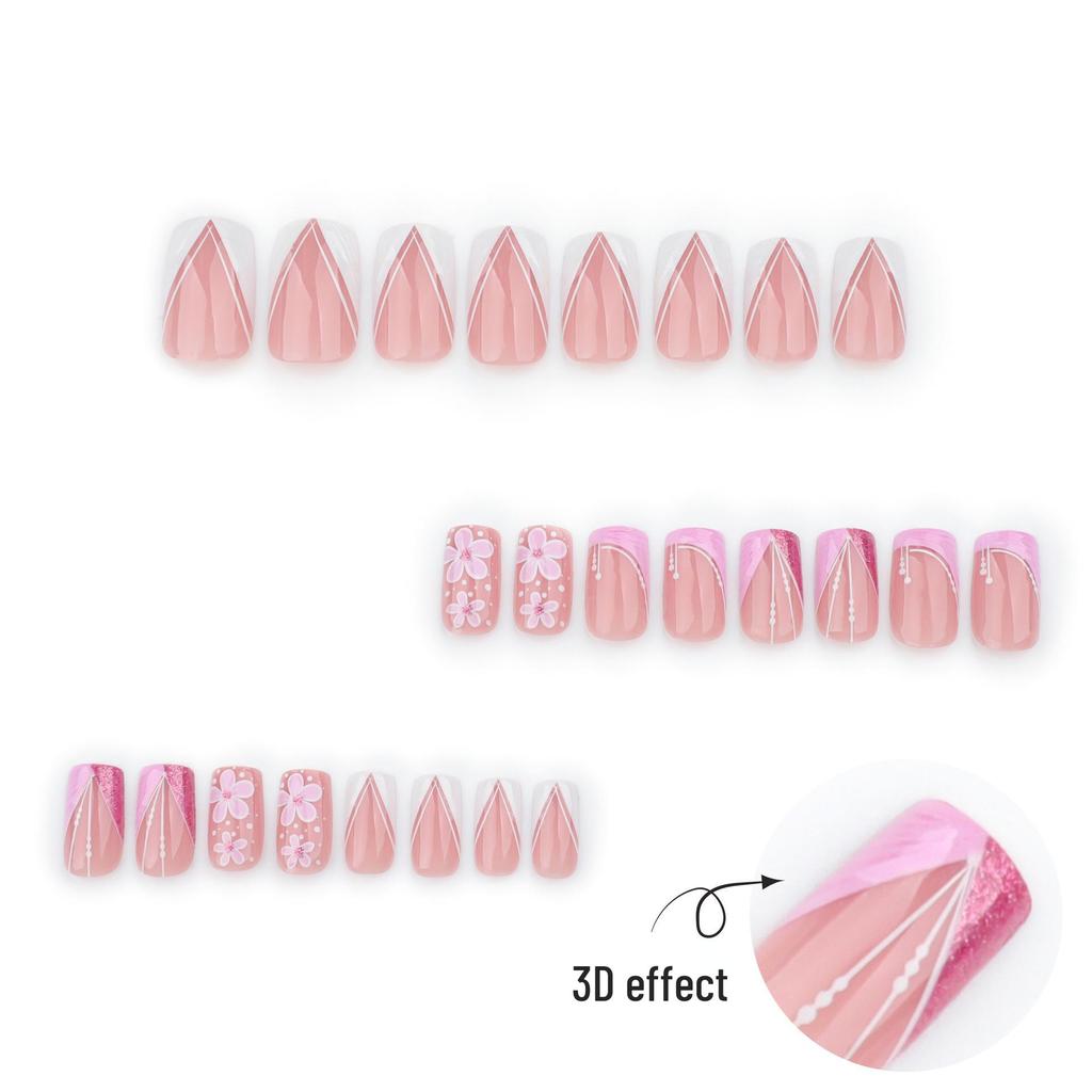 Białe i Różowe Kwiatowe 3D Noszone Sztuczne Paznokcie - Krótki Prostokątny Wzór