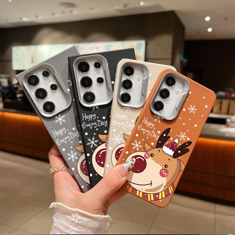 

Merry Christmas Elk Print Leather Texture Case For Samsung S24 FE S23 Ultra S22 A55 A16 A54 A35 A15 A34 A14 Soft Matte TPU Shockproof Slim Phone Cover Samsung S24 чёрный