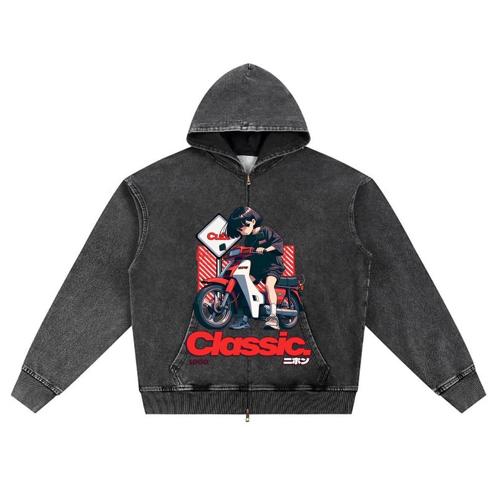 DTG print Knitted Denim Zip-Up Hoodie Manga Girl Rider Brother Print Zipper Hoodies  