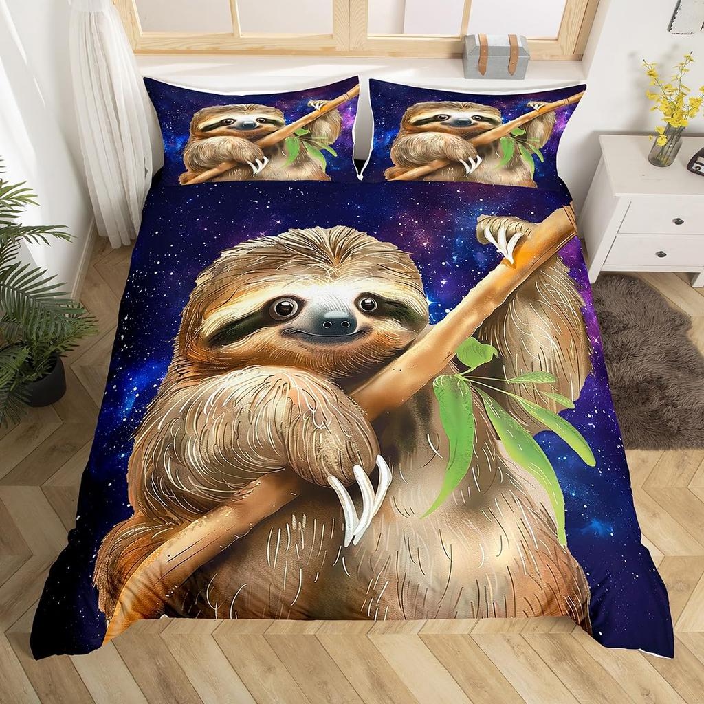 Cute Sloth Duvet Cover Watercolor Floral Bedding Set Lovely Jungle Animal Comforter Cover Twin King Kawaii Sloth Bedspread Cover
