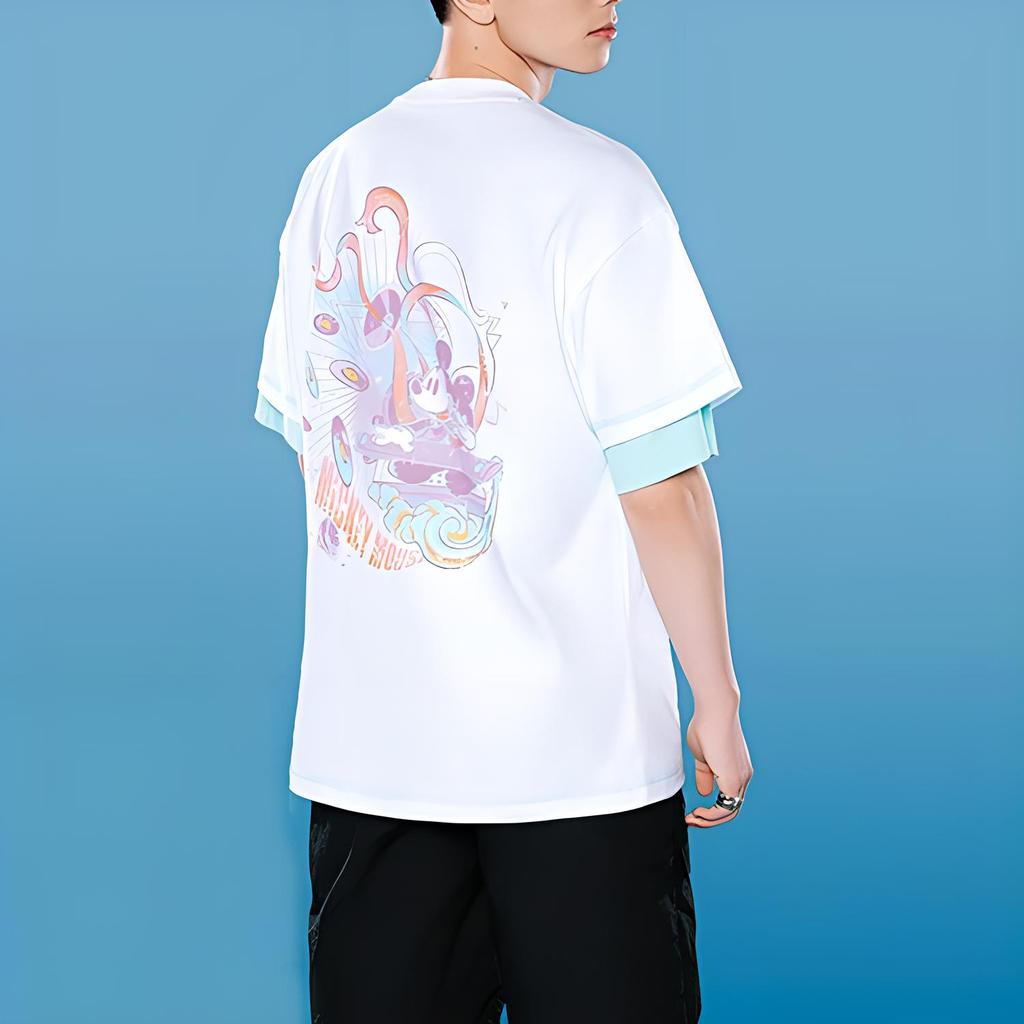 Li-Ning X Disney Mickey Print Crew Neck Loose-Fit Sports T-Shirt Men Tops White AHSR213-3
