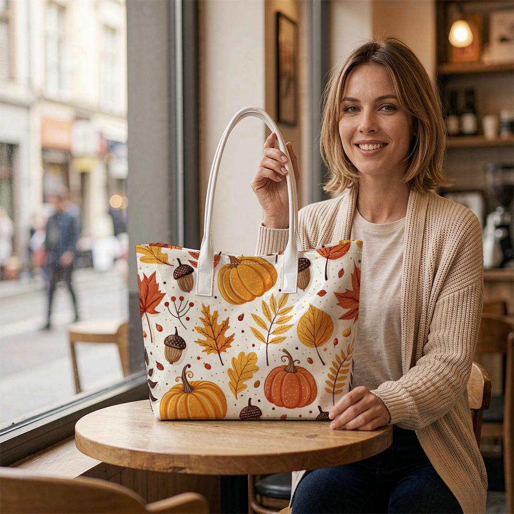 Fall Pumpkin Maple Leaf Print Casual Tote Bag Fashion Portable Daily Use Handbag