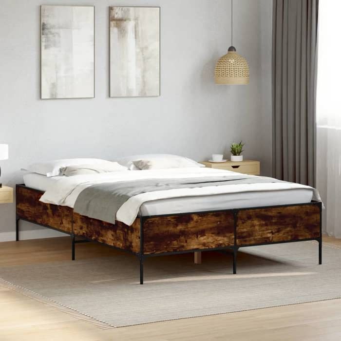 VidaXL Bed Frames, Double Bed with Slatted Base, Adult Bed with Footboard Bedroom, Modern, Smoked Oak 140x200 Cm Wood 3279799