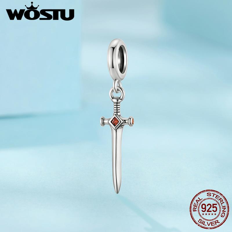 WOSTU 925 Sterling Silver Red Heart Sword CharmTarot Card Bead Chinese Mythology Nezha Pendant Fit Original Bracelet DIY Gift
