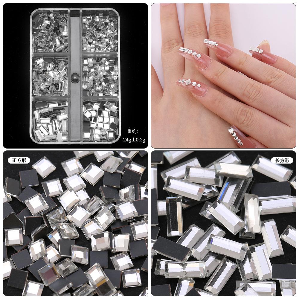 6 Grid Square Diamond Set, Nail Art Jewelry, Diamond Mirror Transparent Square Diamond Mixed Flat Bottom Diamond Diy Nail Decoration