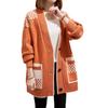 Medium and Long Spliced Plaid Knitted Cardigan Women's Autumn and Winter Collar Sweater Jacket Women's Loose Tide