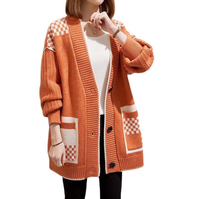 Medium and Long Spliced Plaid Knitted Cardigan Women's Autumn and Winter Collar Sweater Jacket Women's Loose Tide