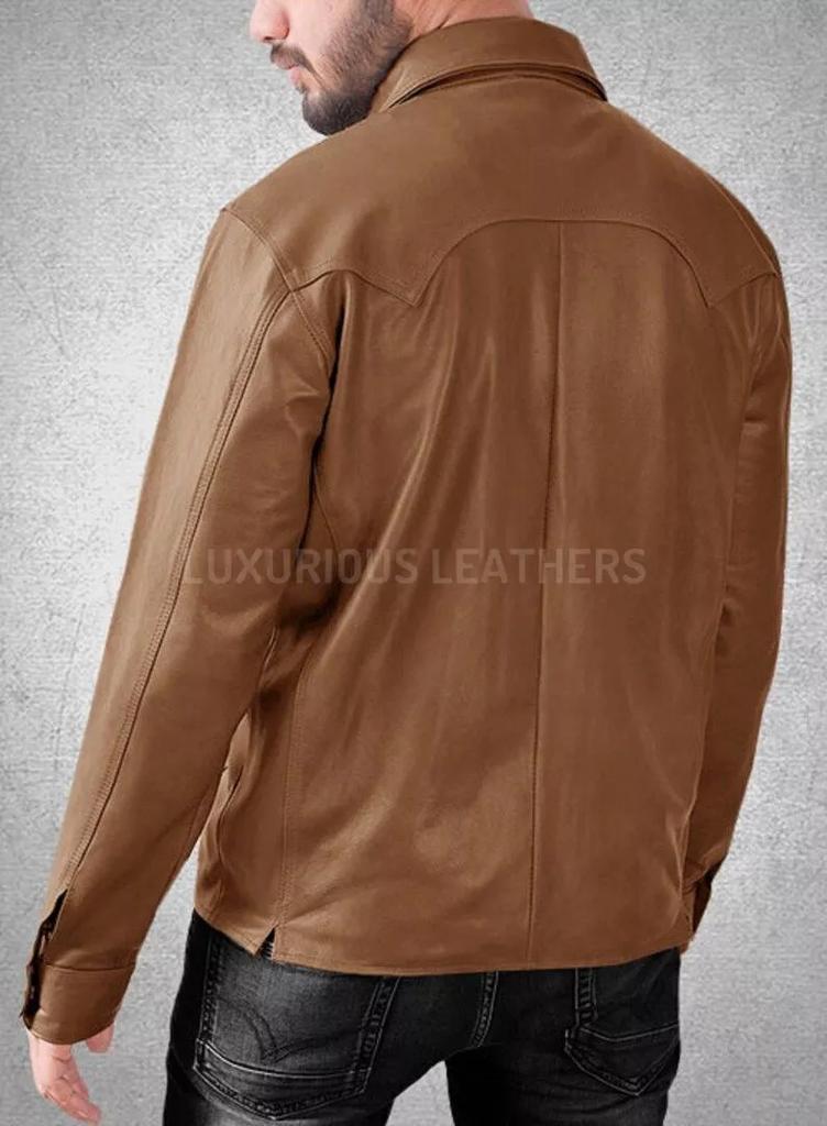 Formal Casual Shirt Wear Men Real Soft Lambskin Leather Stylish Brown Handmade