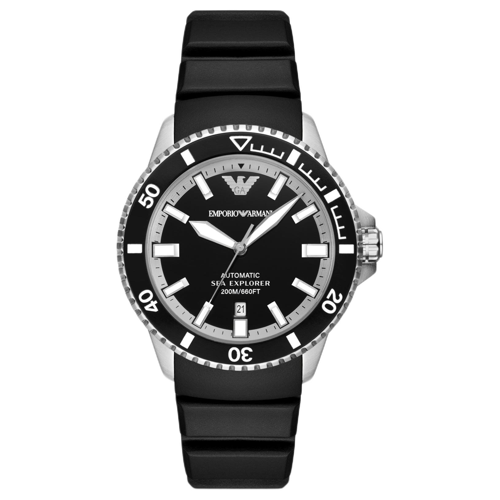 EMPORIO ARMANI Sea Explorer Automatic Black Silicone Watch AR60078_NLP_NLC Black Dial
