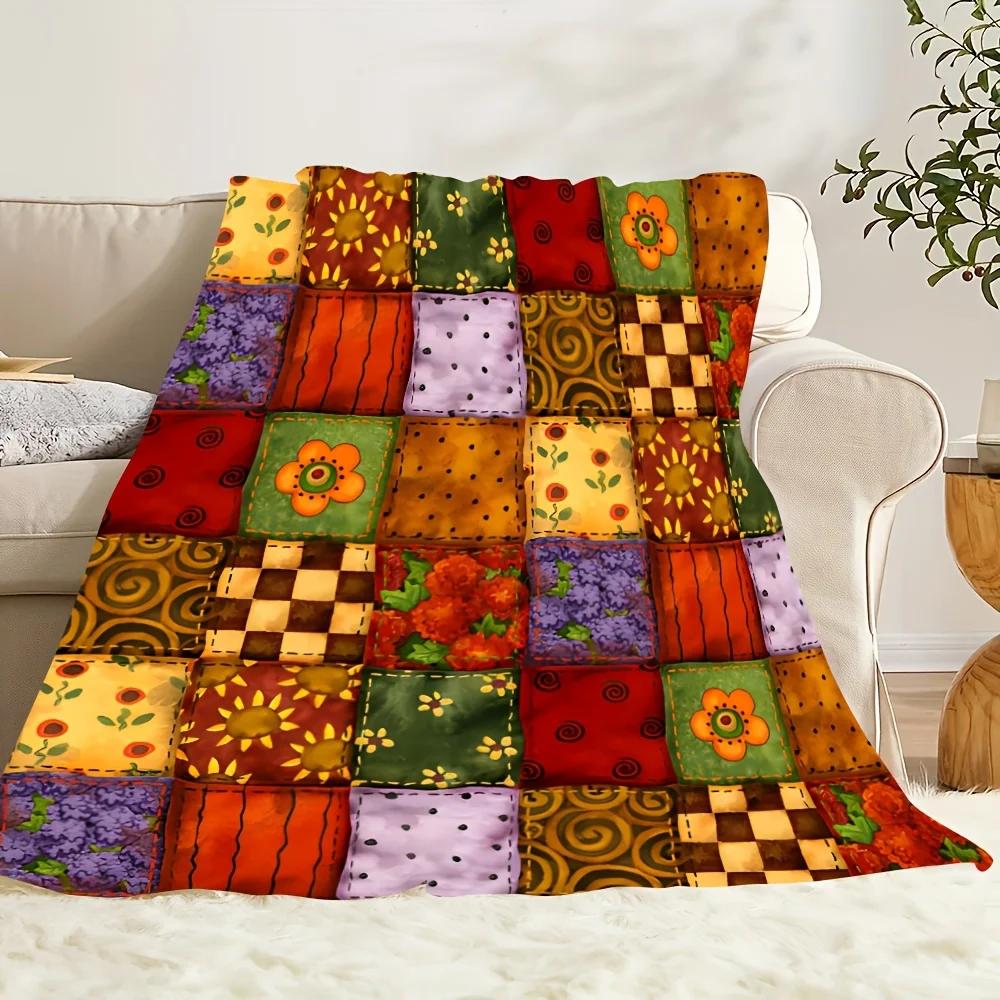 Vintage Floral Print Patchwork Fleece Blanket - Cozy, Soft, All-Season Decorative Blanket for Sofa, Office, Bedroom - Machine Wa