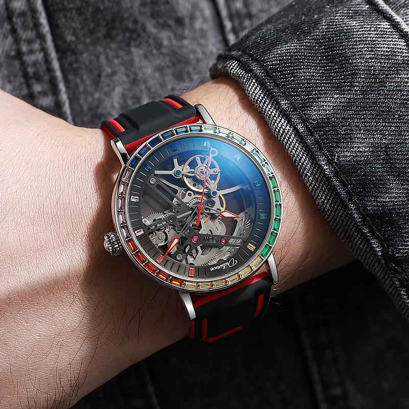 Colored Gemstone Bezel Tourbillon Series Men's Automatic Skeleton Mechanical Watch Trendy Night Light Water-Resistant Wristwatch